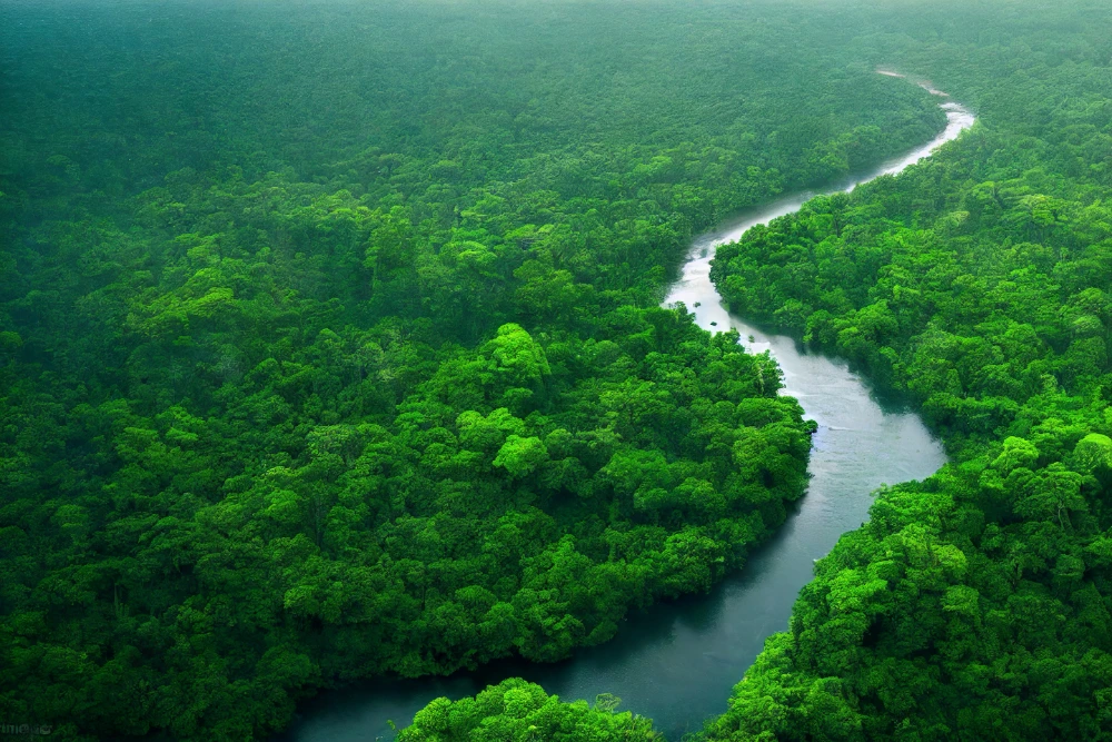 A river in the middle of a dense green forest